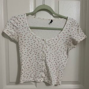 Brandy Melville White Ditsy Pink Floral Button Up Top